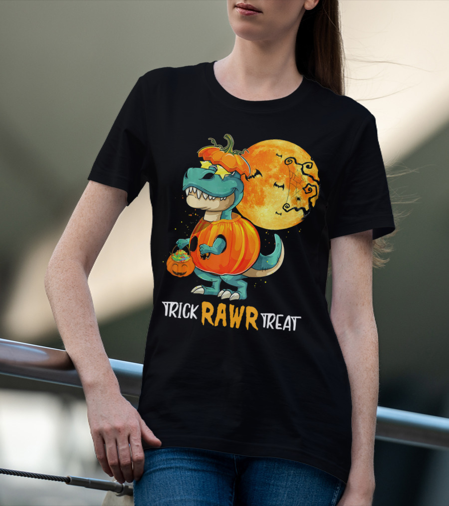 Trick RAWR Treat Rex Dinosaur Halloween Pumpkin Moon T-Shirt
