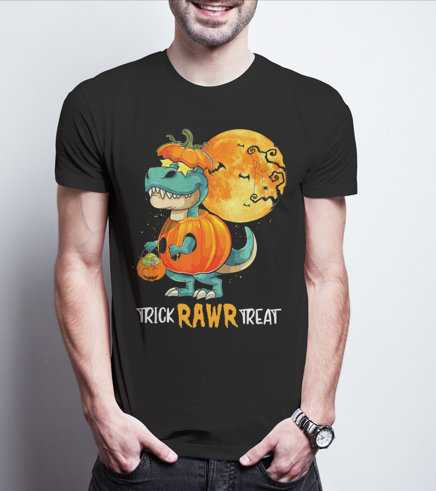 Trick RAWR Treat Rex Dinosaur Halloween Pumpkin Moon T-Shirt