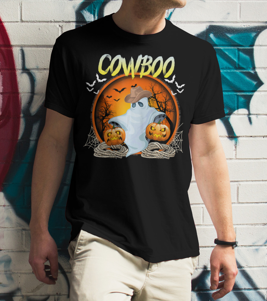 Cowboo Halloween Ghost In Cowboy Hat With Pumpkins And Bats T-Shirt