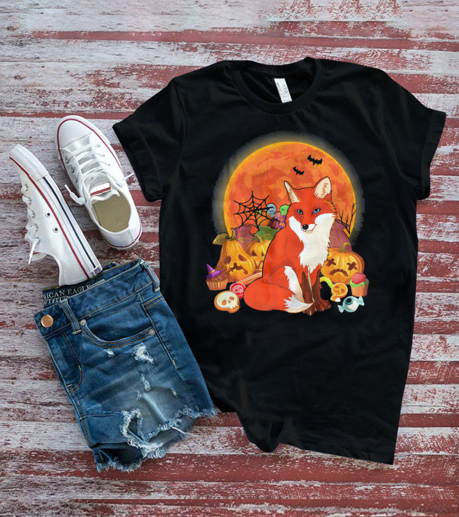 Funny Fox Halloween Full Moon Pumpkin Candy Scene T-Shirt