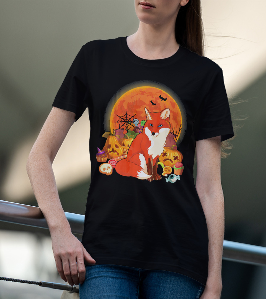 Funny Fox Halloween Full Moon Pumpkin Candy Scene T-Shirt