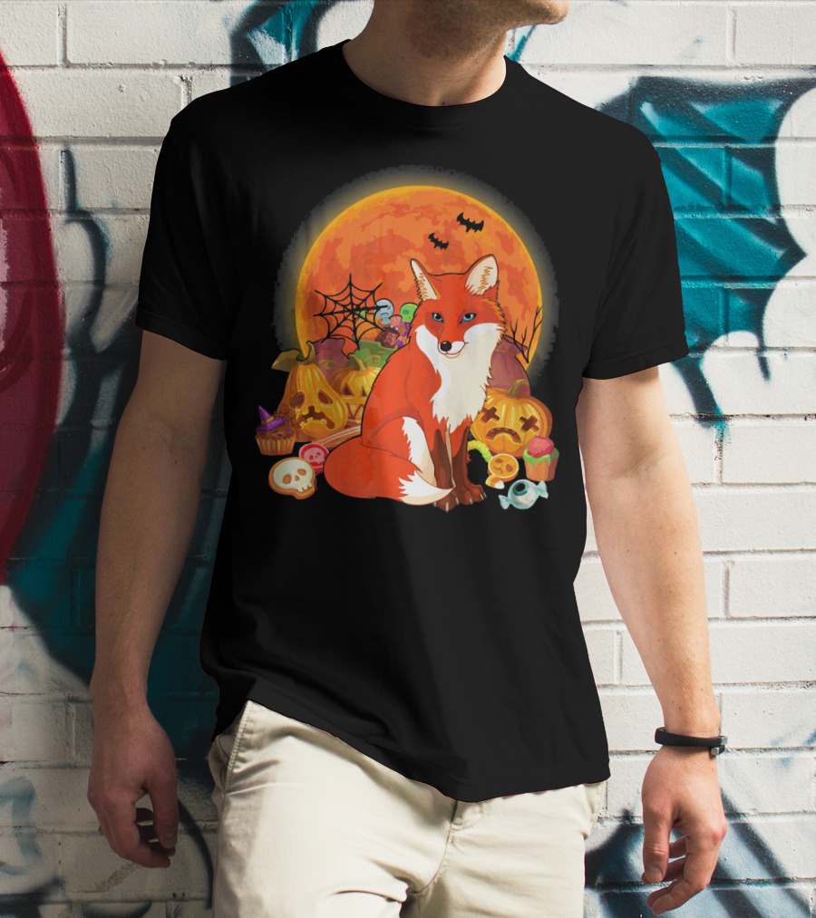 Funny Fox Halloween Full Moon Pumpkin Candy Scene T-Shirt
