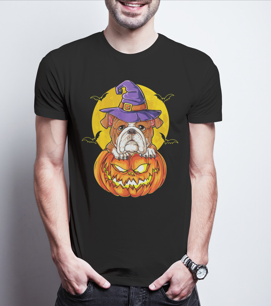 English Bulldog Halloween Witch Pumpkin Moon T-Shirt