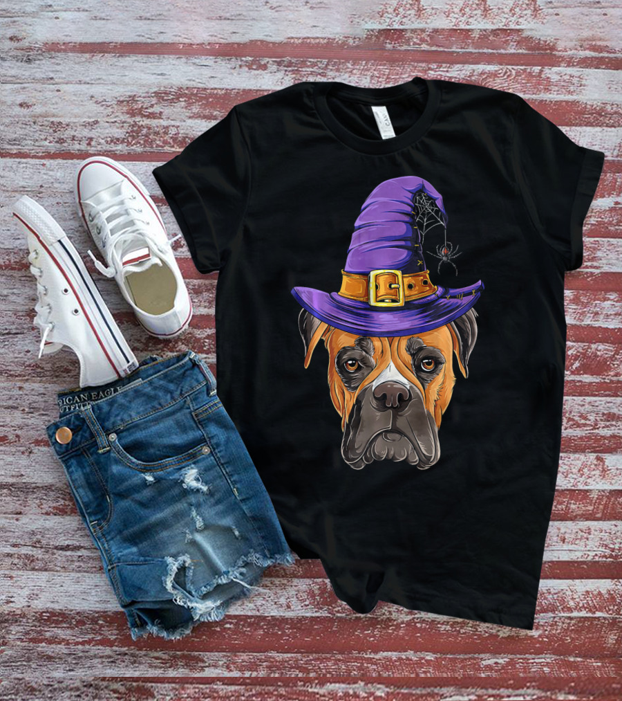 Boxer Dog Halloween Witch Hat Spider T-Shirt