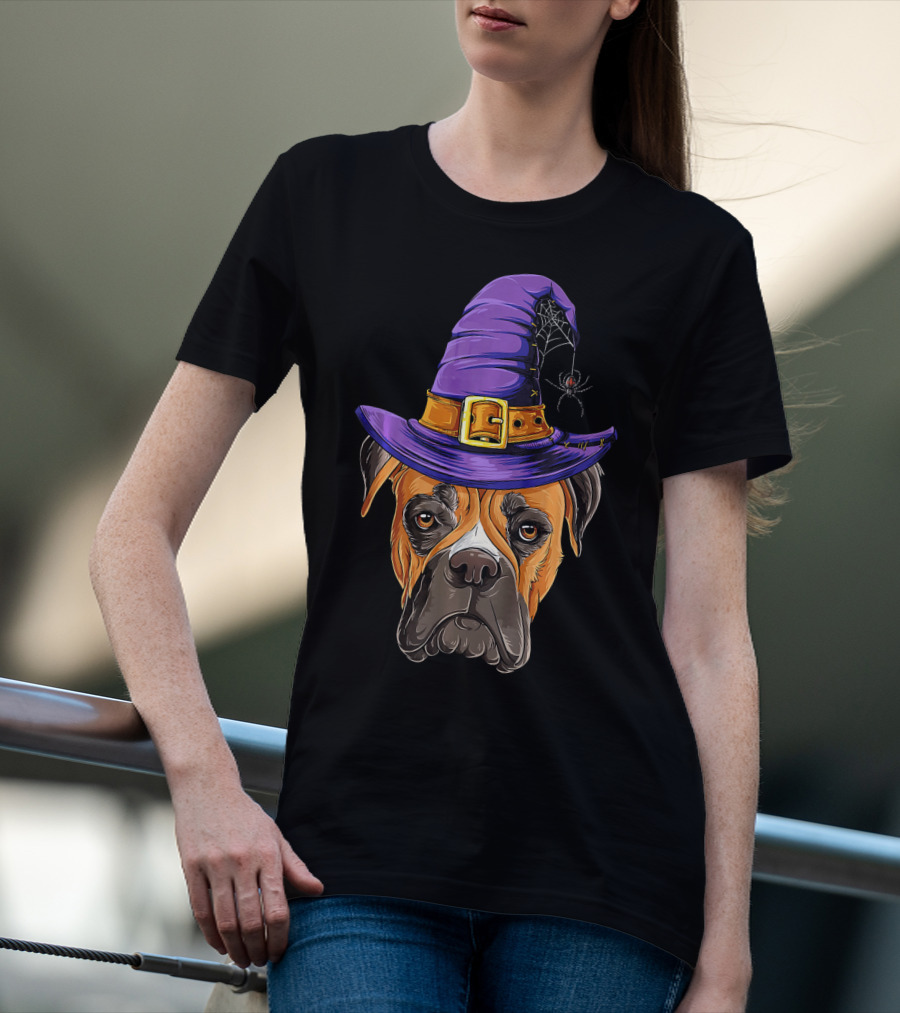 Boxer Dog Halloween Witch Hat Spider T-Shirt