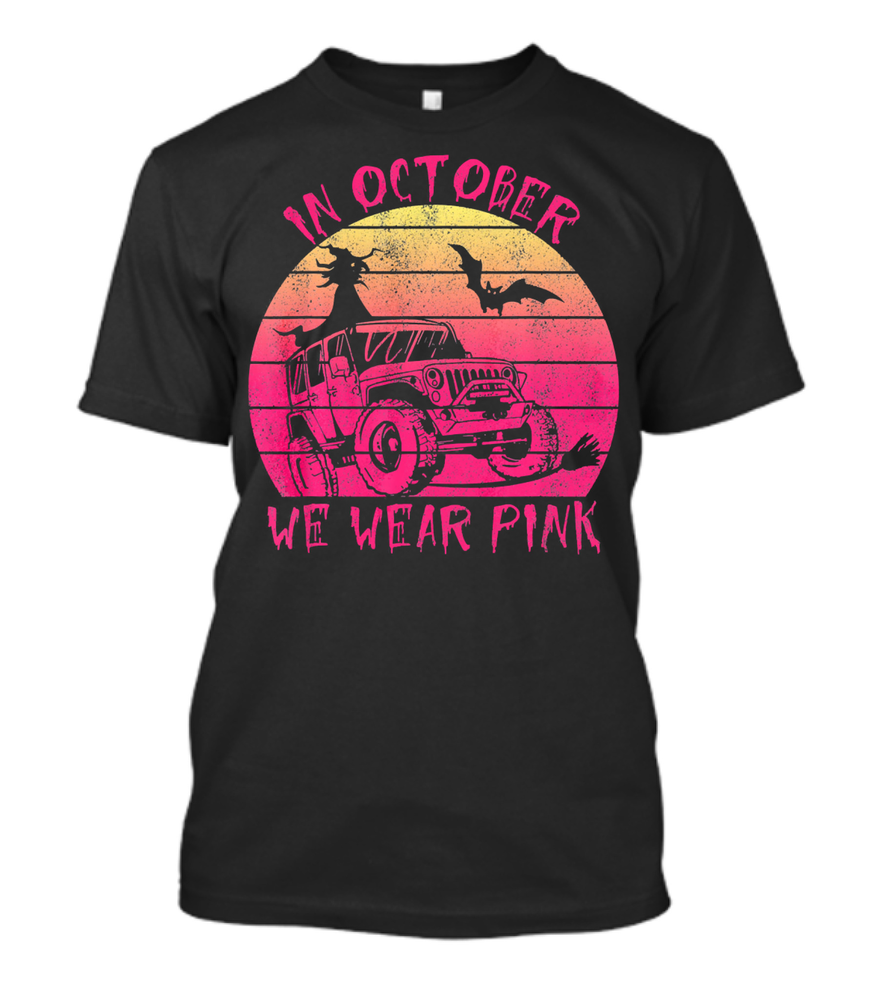 In October We Wear Pink Halloween Jeeps Witch And Bat Vintage Sunset T-Shirt