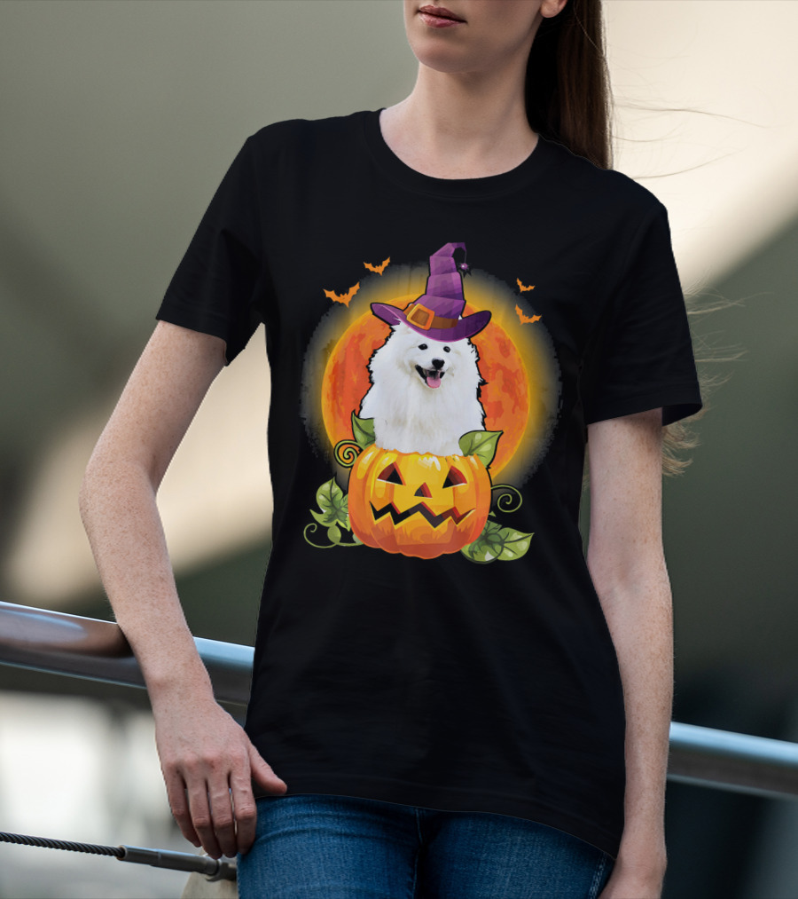 Samoyed Dog Witch Hat Pumpkin Halloween Moon T-Shirt