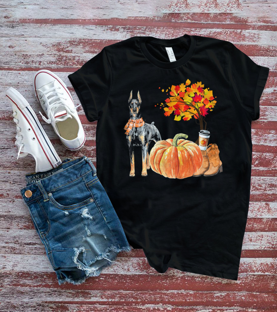Doberman Pinscher Scarf Pumpkin Spice Autumn Boots Cozy Fall Leaves T-Shirt
