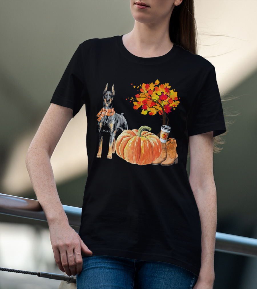 Doberman Pinscher Scarf Pumpkin Spice Autumn Boots Cozy Fall Leaves T-Shirt