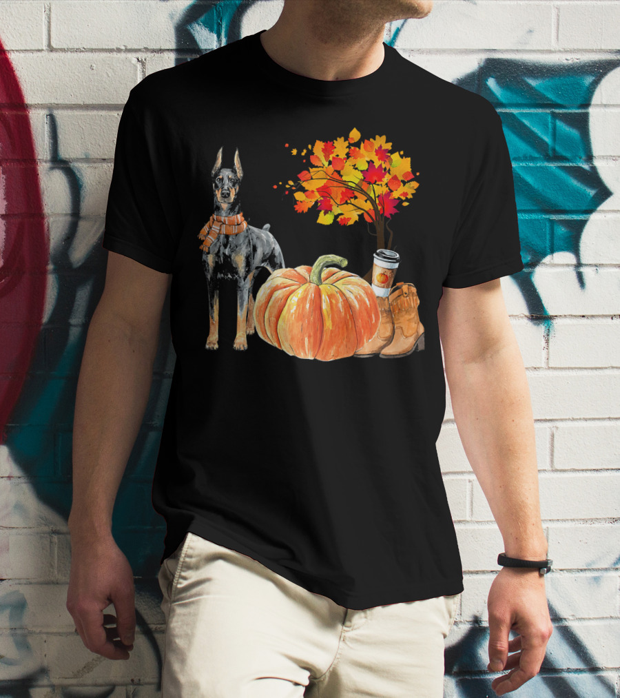 Doberman Pinscher Scarf Pumpkin Spice Autumn Boots Cozy Fall Leaves T-Shirt