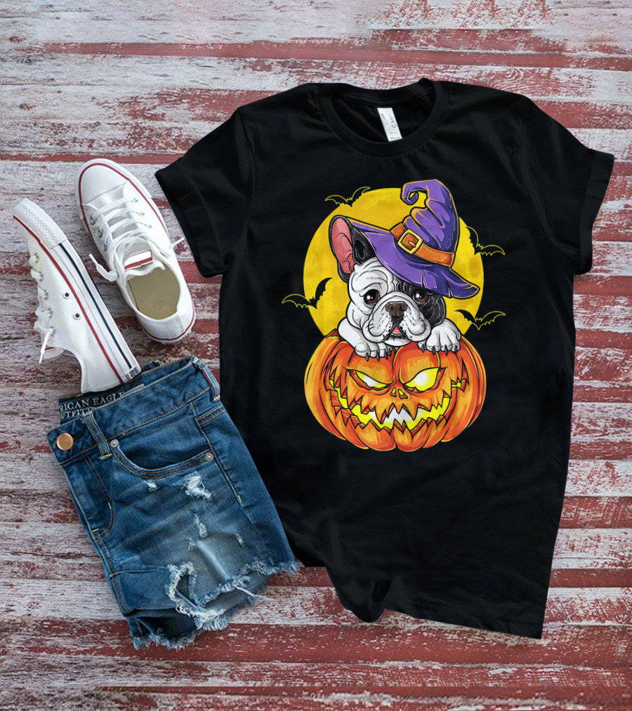 Halloween French Bulldog Witch In Pumpkin With Full Moon And Bats T-Shirt
