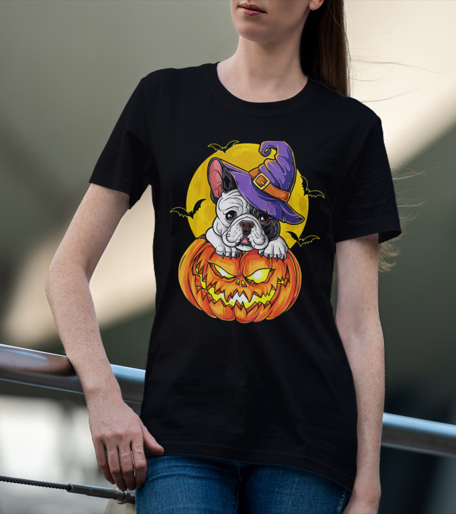 Halloween French Bulldog Witch In Pumpkin With Full Moon And Bats T-Shirt
