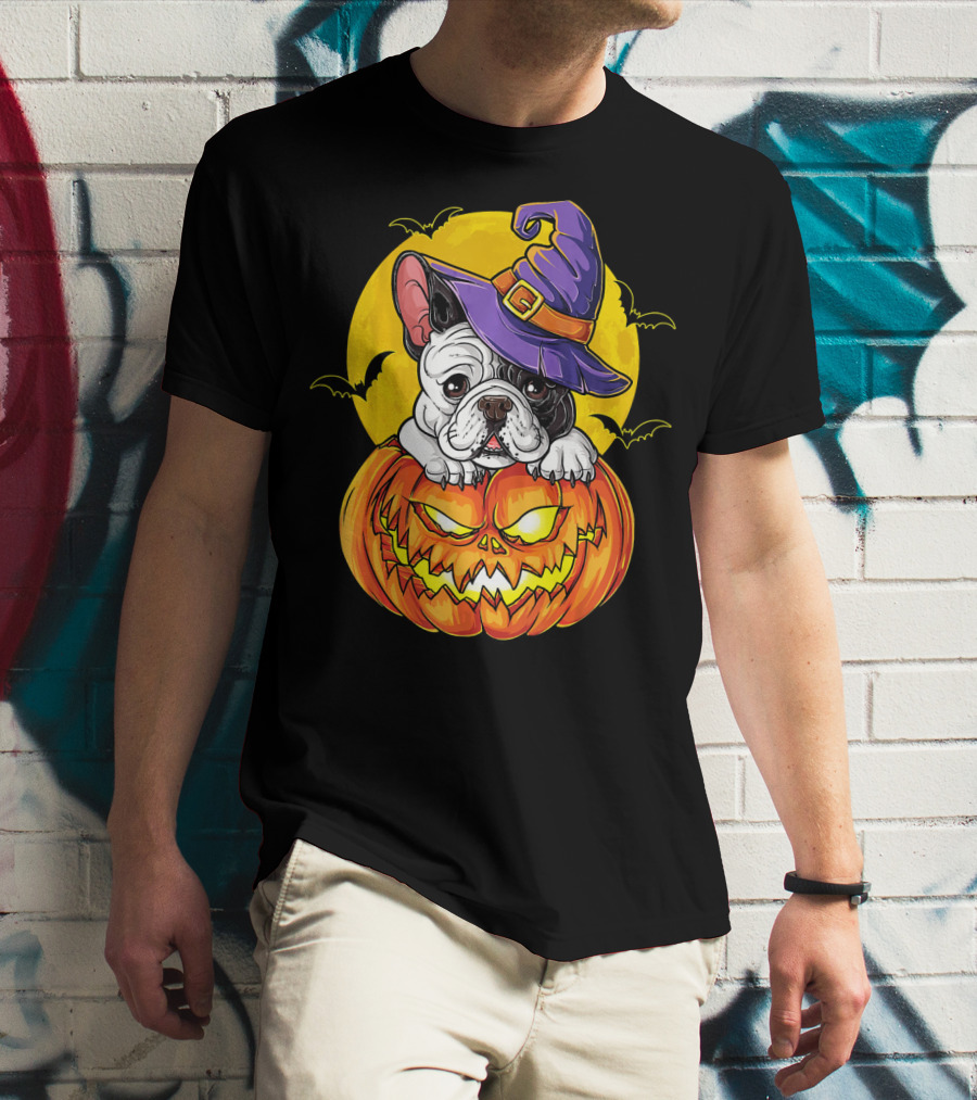 Halloween French Bulldog Witch In Pumpkin With Full Moon And Bats T-Shirt