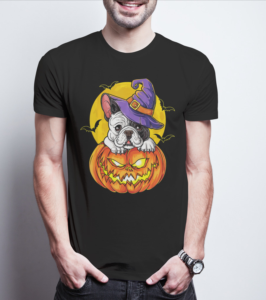 Halloween French Bulldog Witch In Pumpkin With Full Moon And Bats T-Shirt