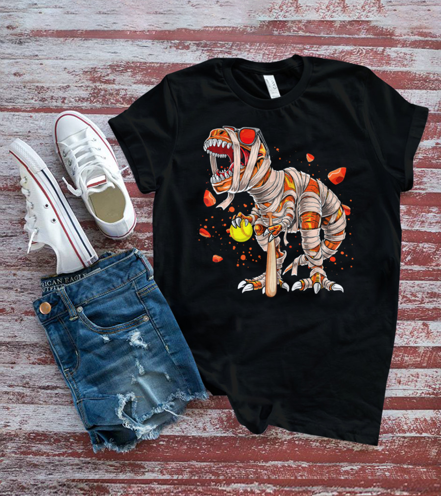 Mummy Dinosaur Playing Softball With Bat And Ball T-Shirt