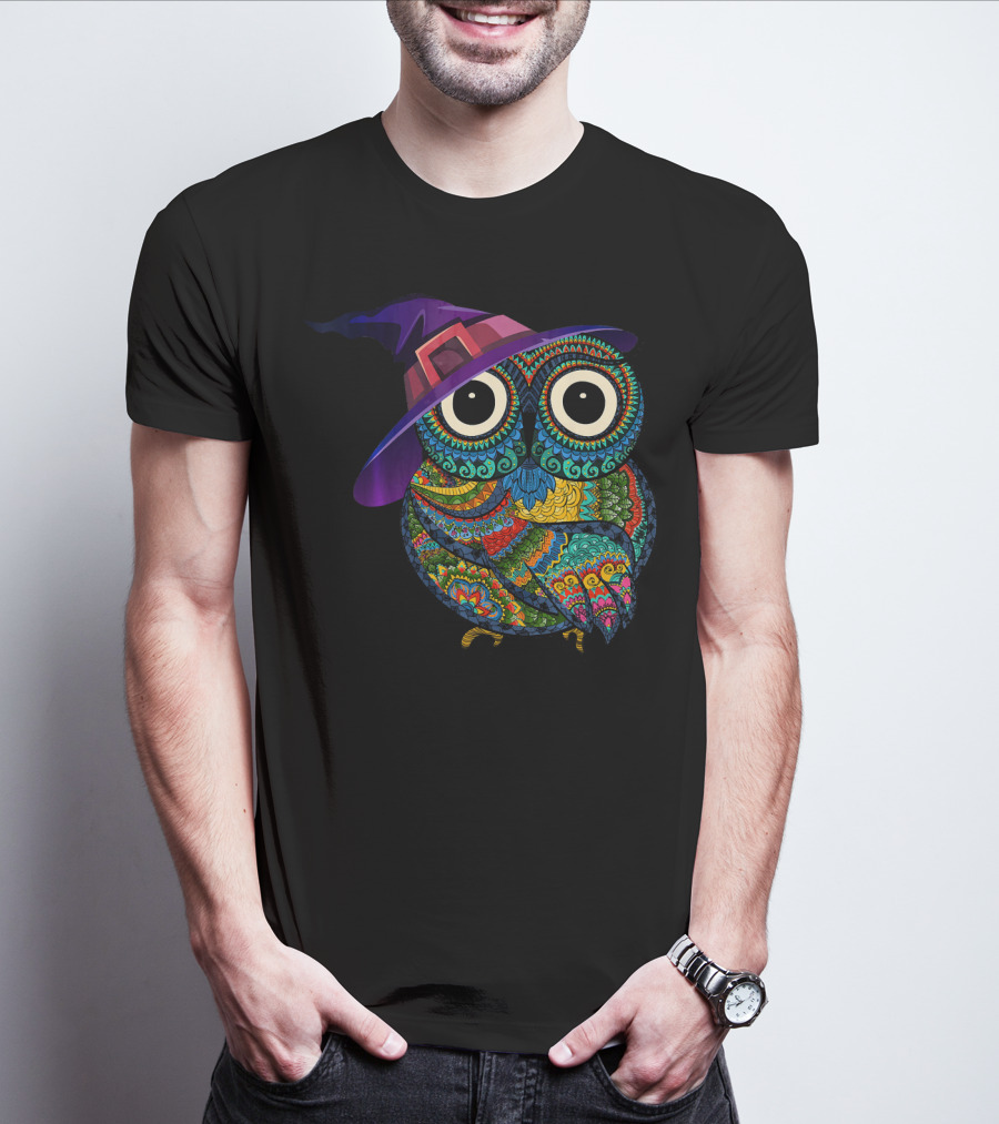 Colorful Owl With Witch Hat In Halloween Costume Fun T-Shirt