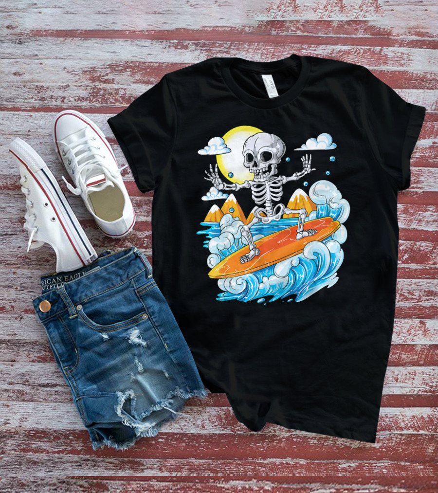 Skeleton Surfing Halloween On Hawaiian Waves With Sun And Clouds T-Shirt