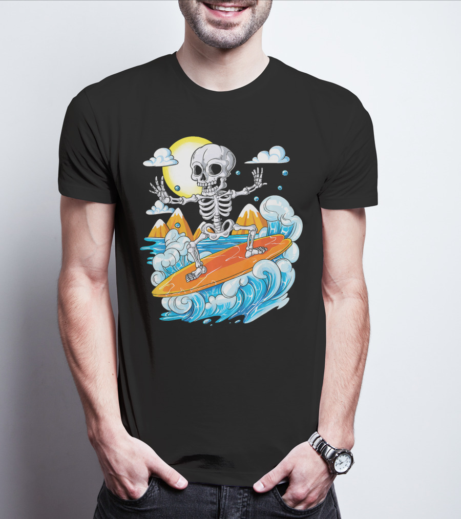 Skeleton Surfing Halloween On Hawaiian Waves With Sun And Clouds T-Shirt