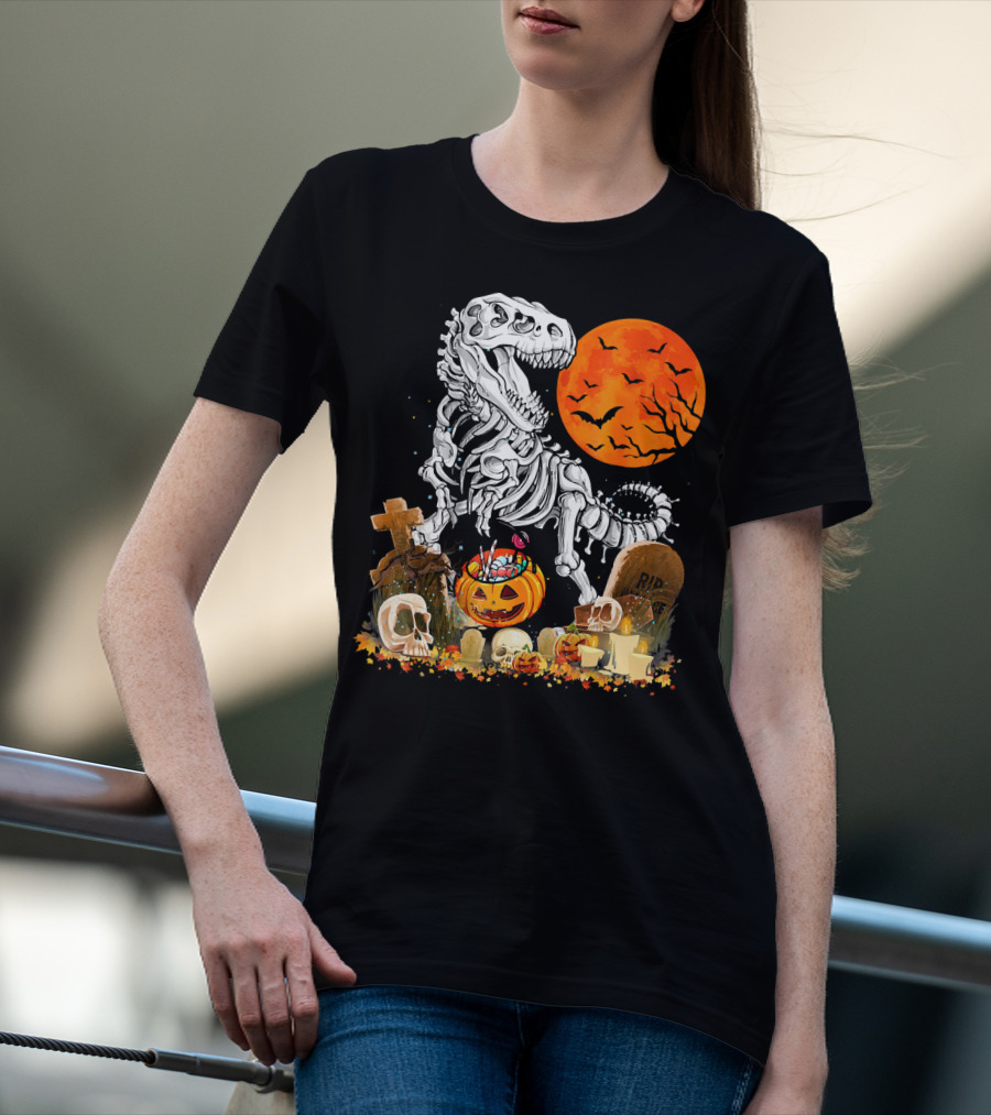 Halloween Dinosaur Rex Skeleton With Pumpkin And Full Moon T-Shirt