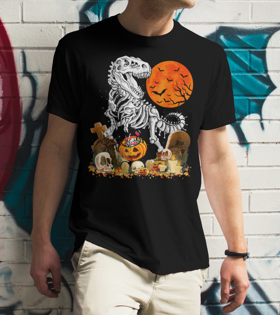 Halloween Dinosaur Rex Skeleton With Pumpkin And Full Moon T-Shirt