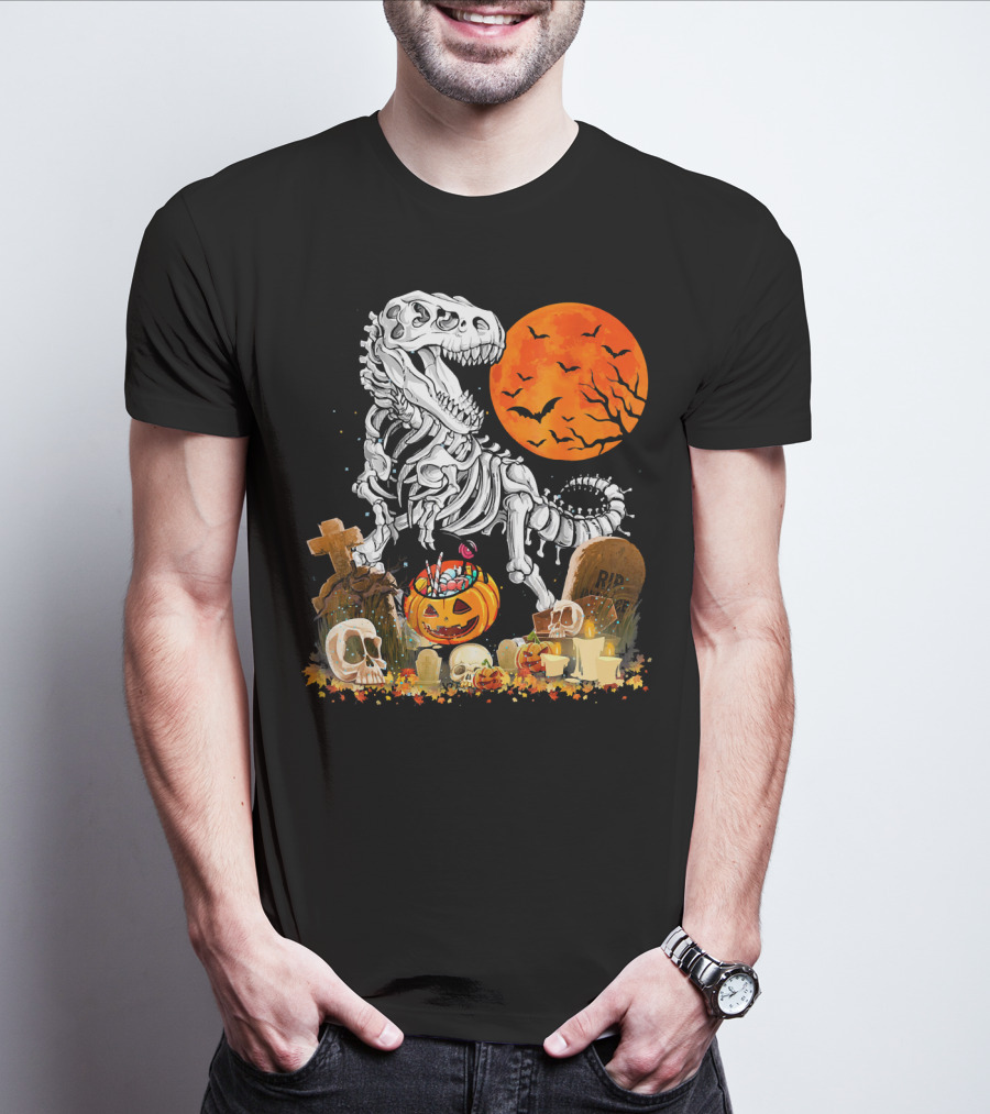 Halloween Dinosaur Rex Skeleton With Pumpkin And Full Moon T-Shirt