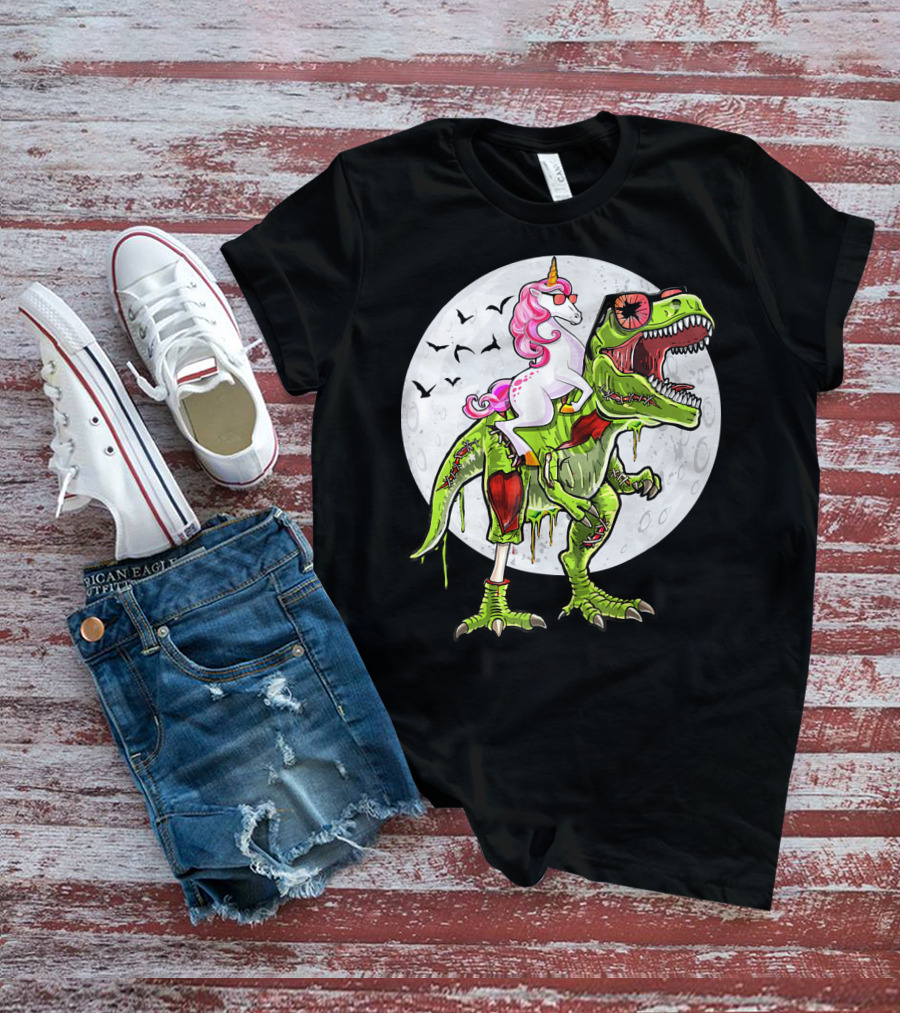 Funny Halloween Unicorn Riding Zombie Dinosaur With Bats And Full Moon T-Shirt