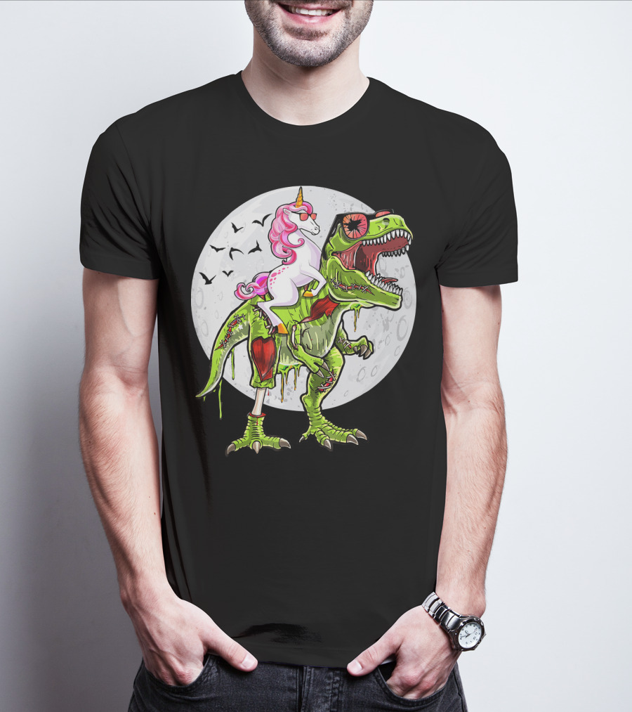 Funny Halloween Unicorn Riding Zombie Dinosaur With Bats And Full Moon T-Shirt
