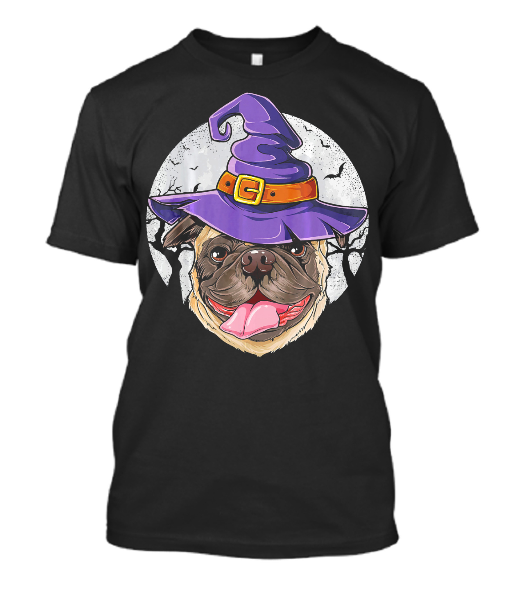Pug Witch Hat Halloween Moon Bats Forest T-Shirt