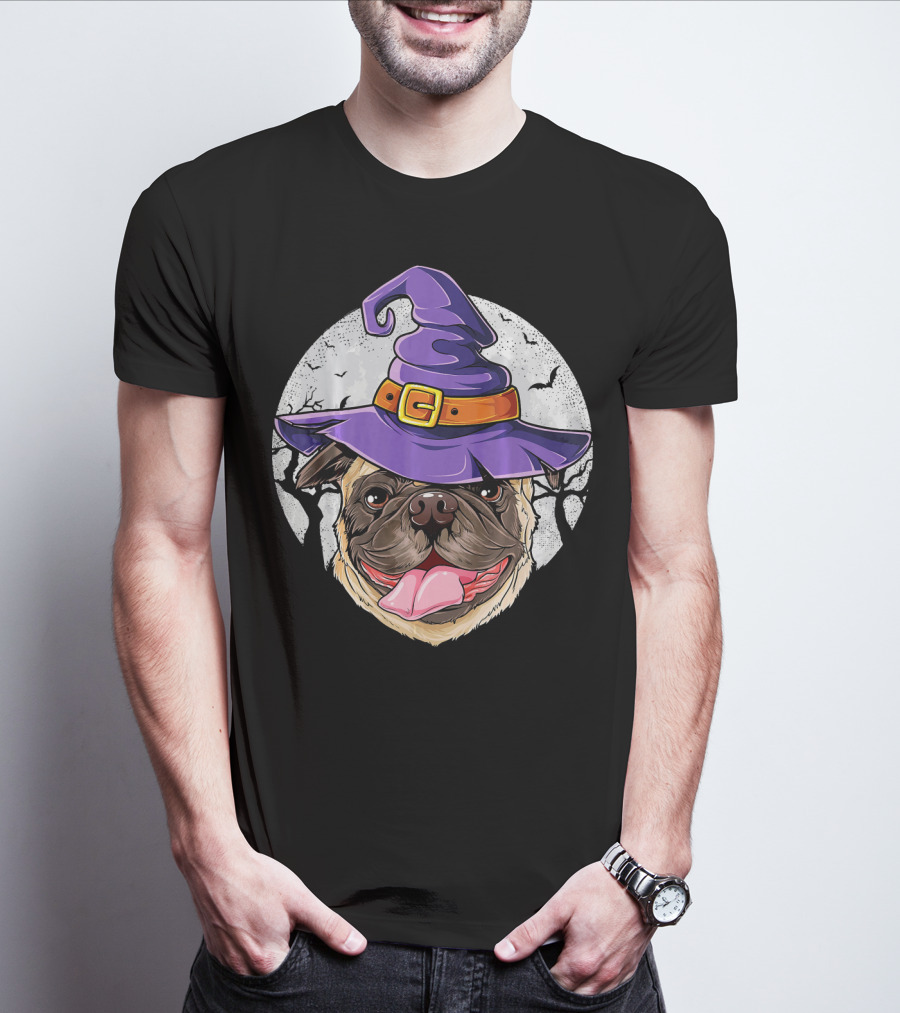 Pug Witch Hat Halloween Moon Bats Forest T-Shirt