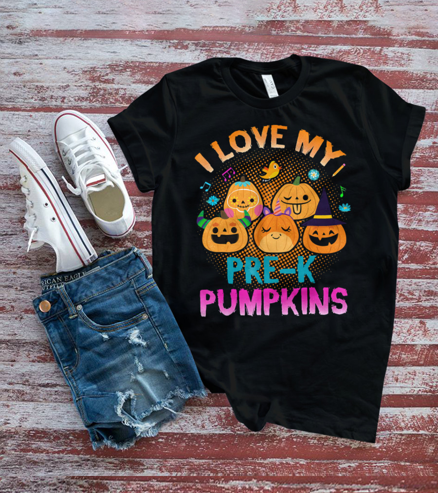 I Love My Pre K Pumpkins Halloween Jack-O-Lanterns With Music And Flowers T-Shirt