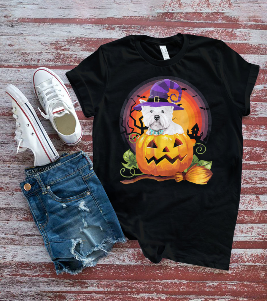 Westie Dog In Witch Hat With Jack-O'-Lantern For Halloween T-Shirt