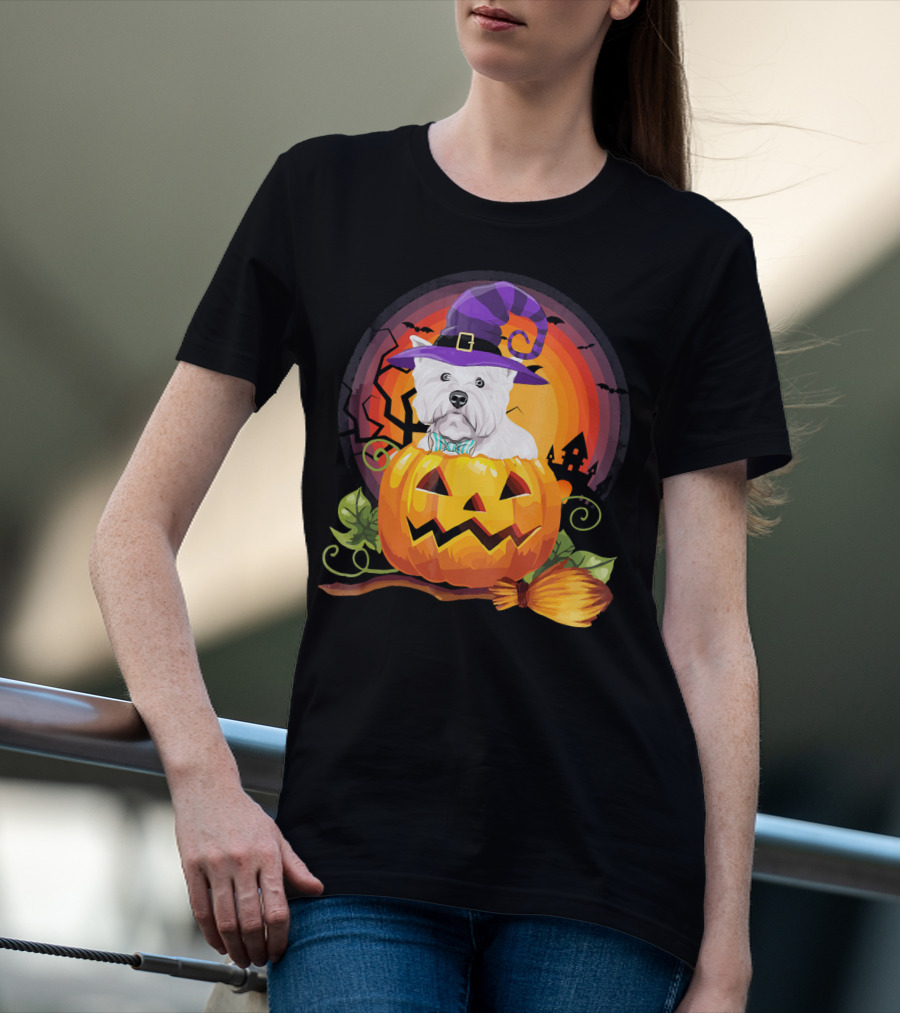 Westie Dog In Witch Hat With Jack-O'-Lantern For Halloween T-Shirt