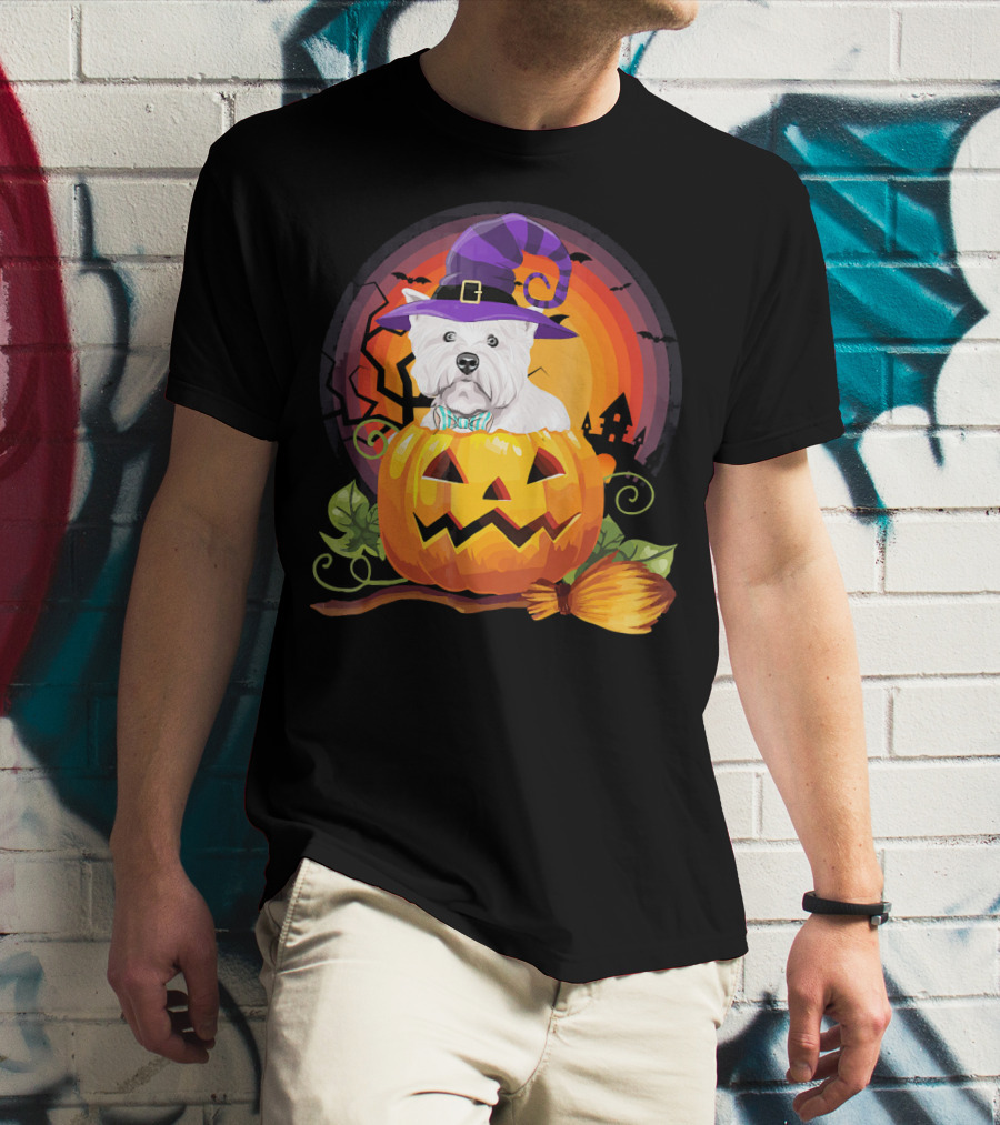 Westie Dog In Witch Hat With Jack-O'-Lantern For Halloween T-Shirt