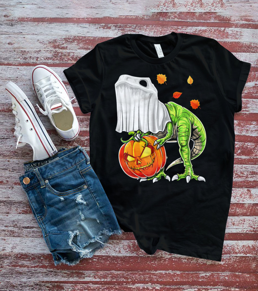 Halloween Dinosaur Ghost Pumpkin Jack Leaves T-Shirt