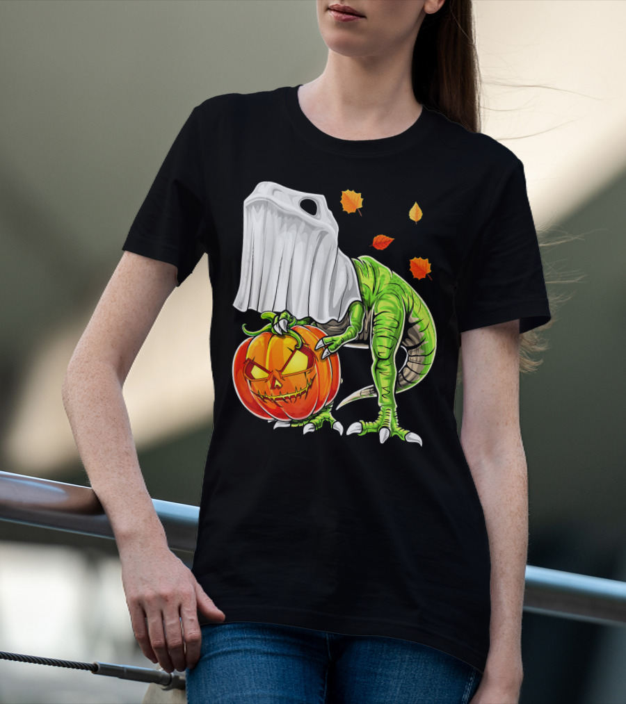 Halloween Dinosaur Ghost Pumpkin Jack Leaves T-Shirt