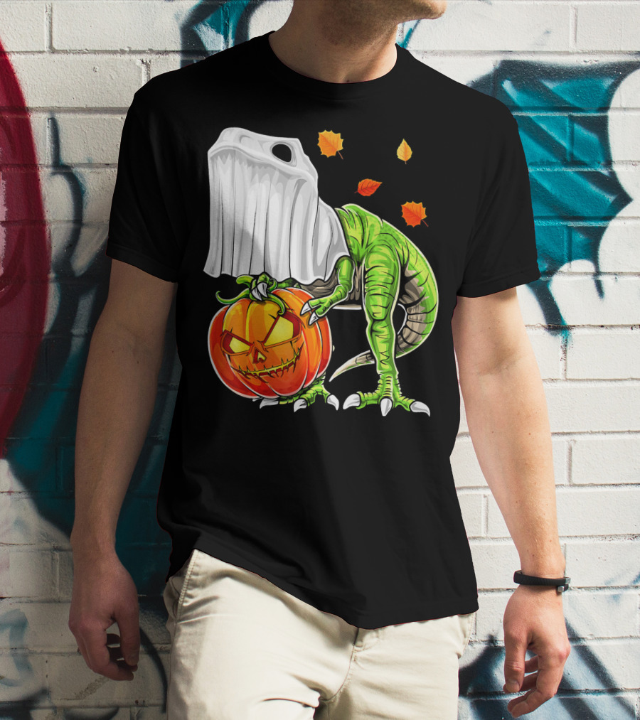 Halloween Dinosaur Ghost Pumpkin Jack Leaves T-Shirt