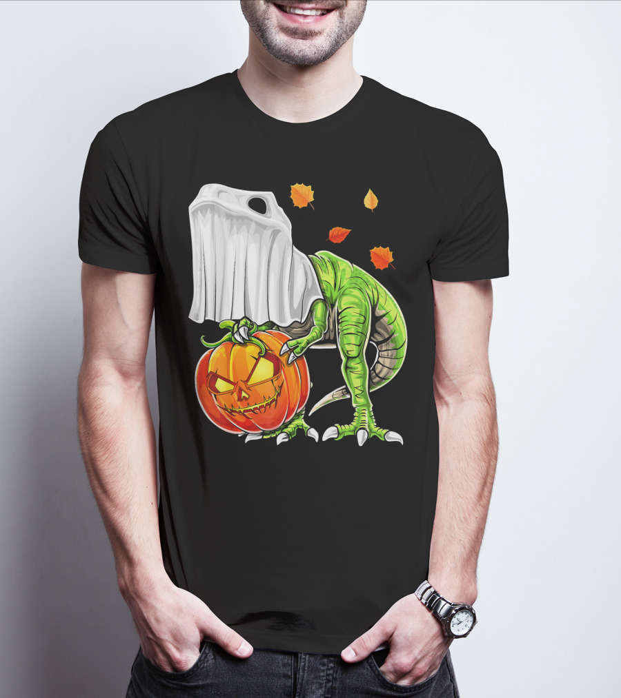Halloween Dinosaur Ghost Pumpkin Jack Leaves T-Shirt