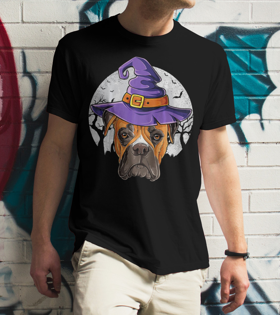 Boxer Dog Wearing Purple Witch Hat Under Full Moon With Bats Halloween T-Shirt