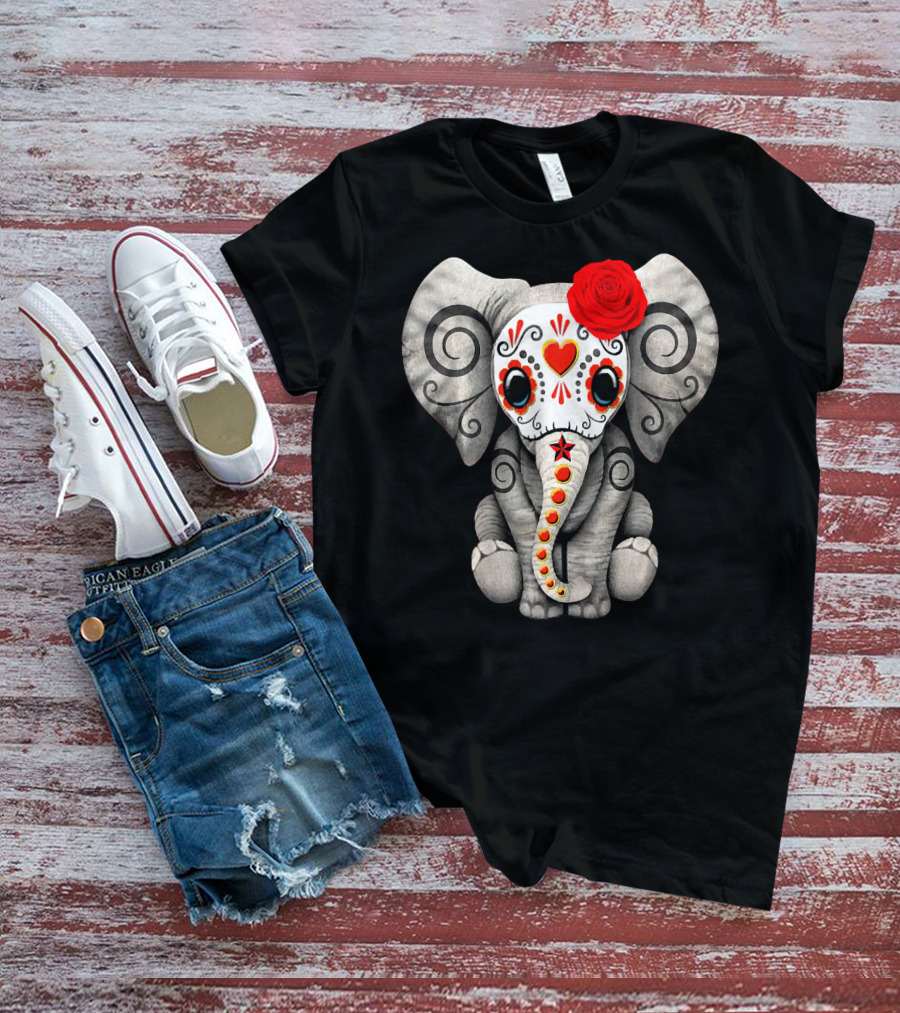 Sugar Skull Elephant With Red Rose Day Of The Dead T-Shirt