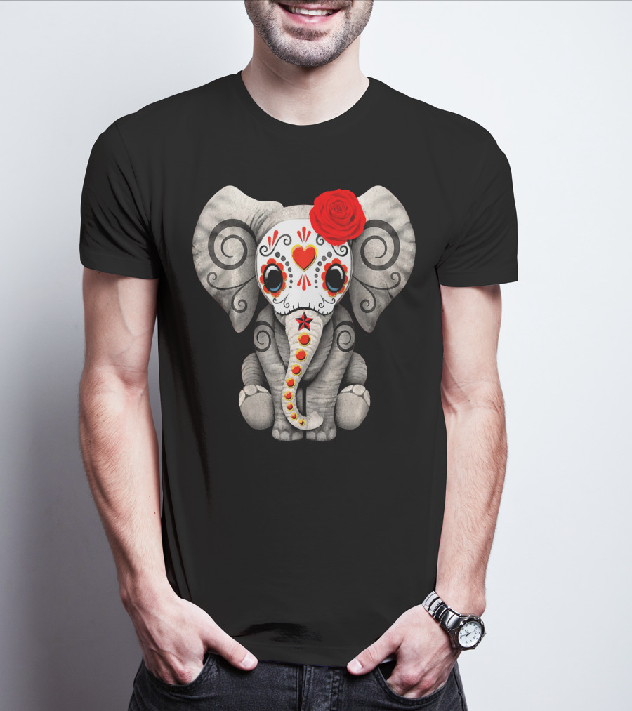 Sugar Skull Elephant With Red Rose Day Of The Dead T-Shirt