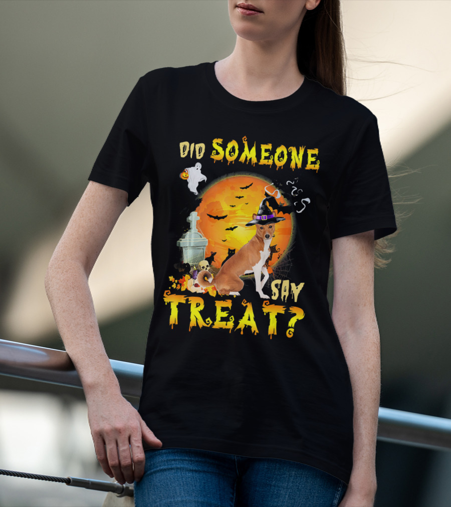 Did Someone Say Treat Basenji Halloween Moon Ghost Bats Witch Hat T-Shirt