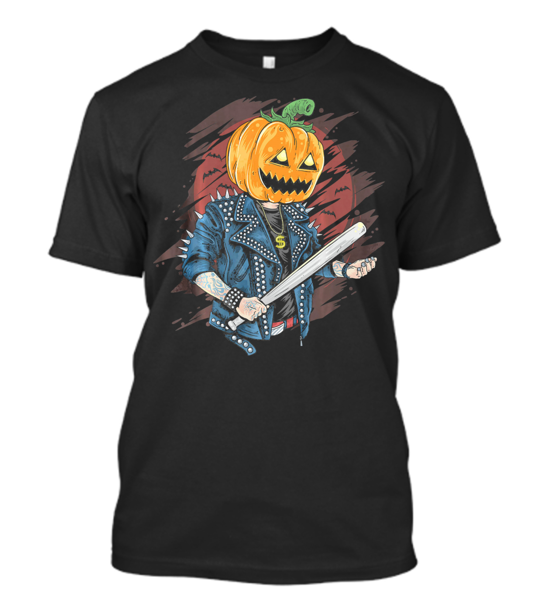 Punk Rocker Metalhead Pumpkin With Spiked Jacket And Baseball Bat T-Shirt