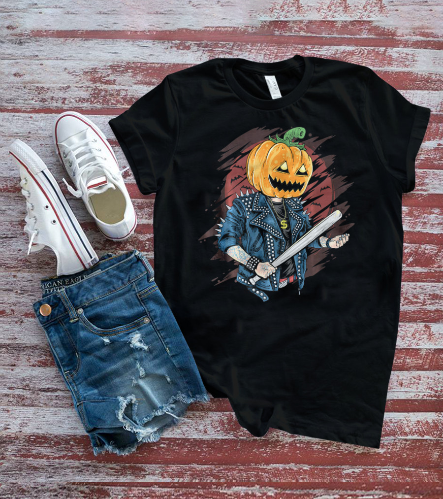 Punk Rocker Metalhead Pumpkin With Spiked Jacket And Baseball Bat T-Shirt
