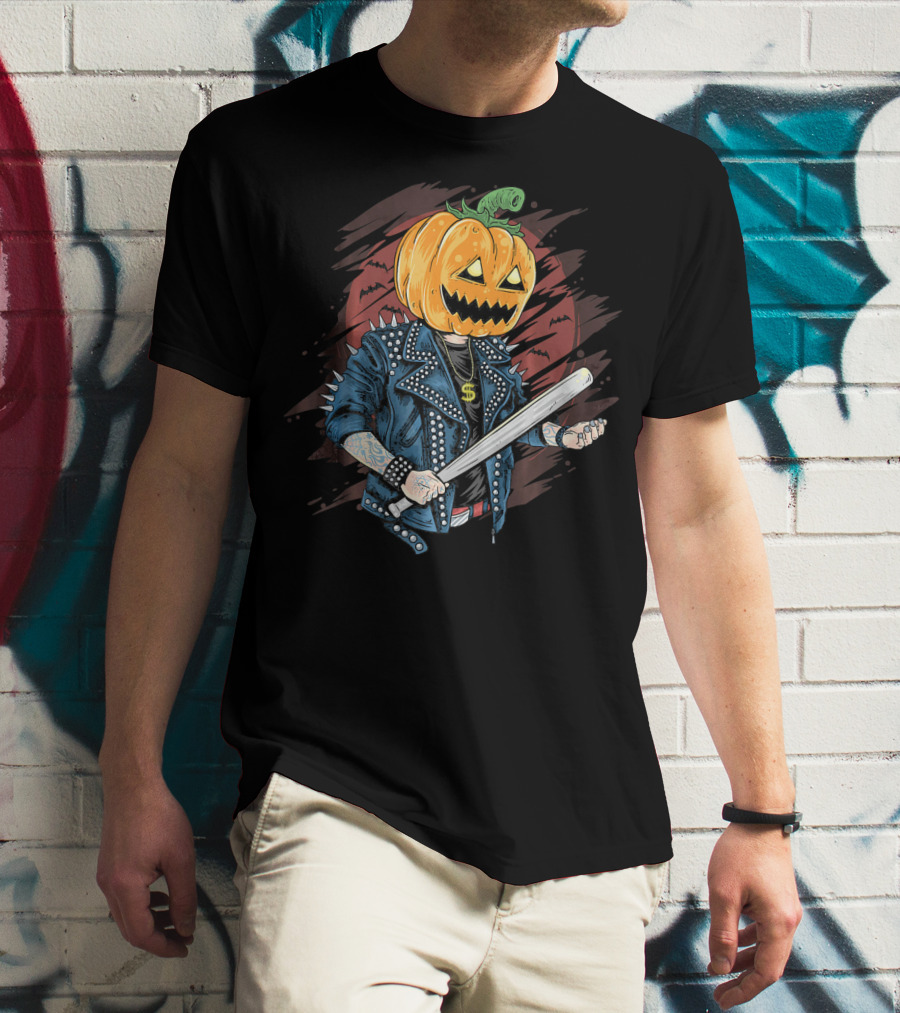 Punk Rocker Metalhead Pumpkin With Spiked Jacket And Baseball Bat T-Shirt