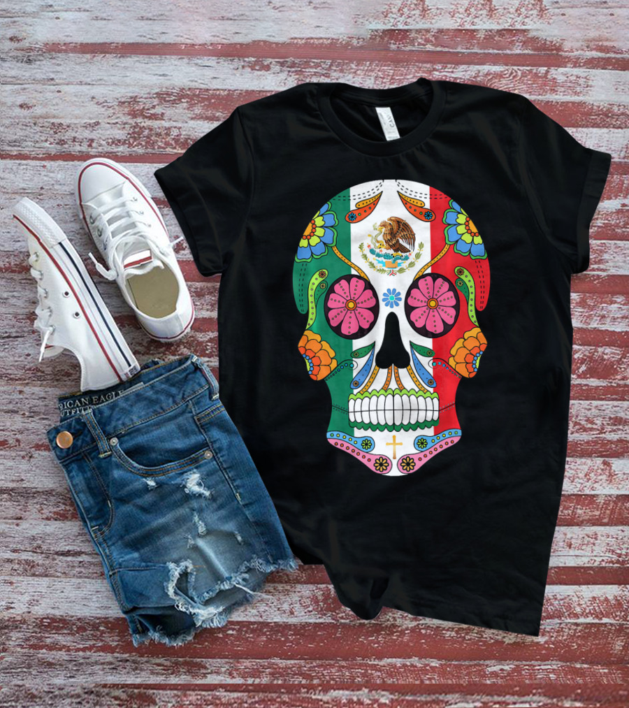 Mexican Flag Sugar Skull Eagle Floral Motif T-Shirt