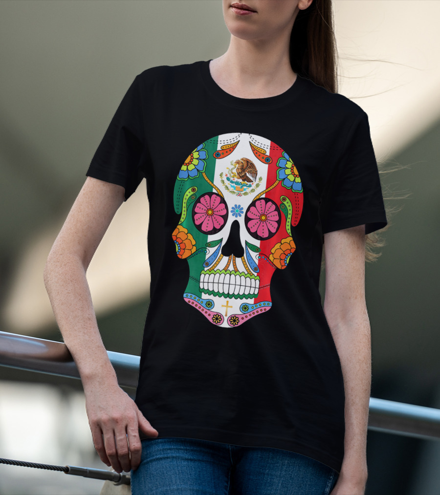 Mexican Flag Sugar Skull Eagle Floral Motif T-Shirt