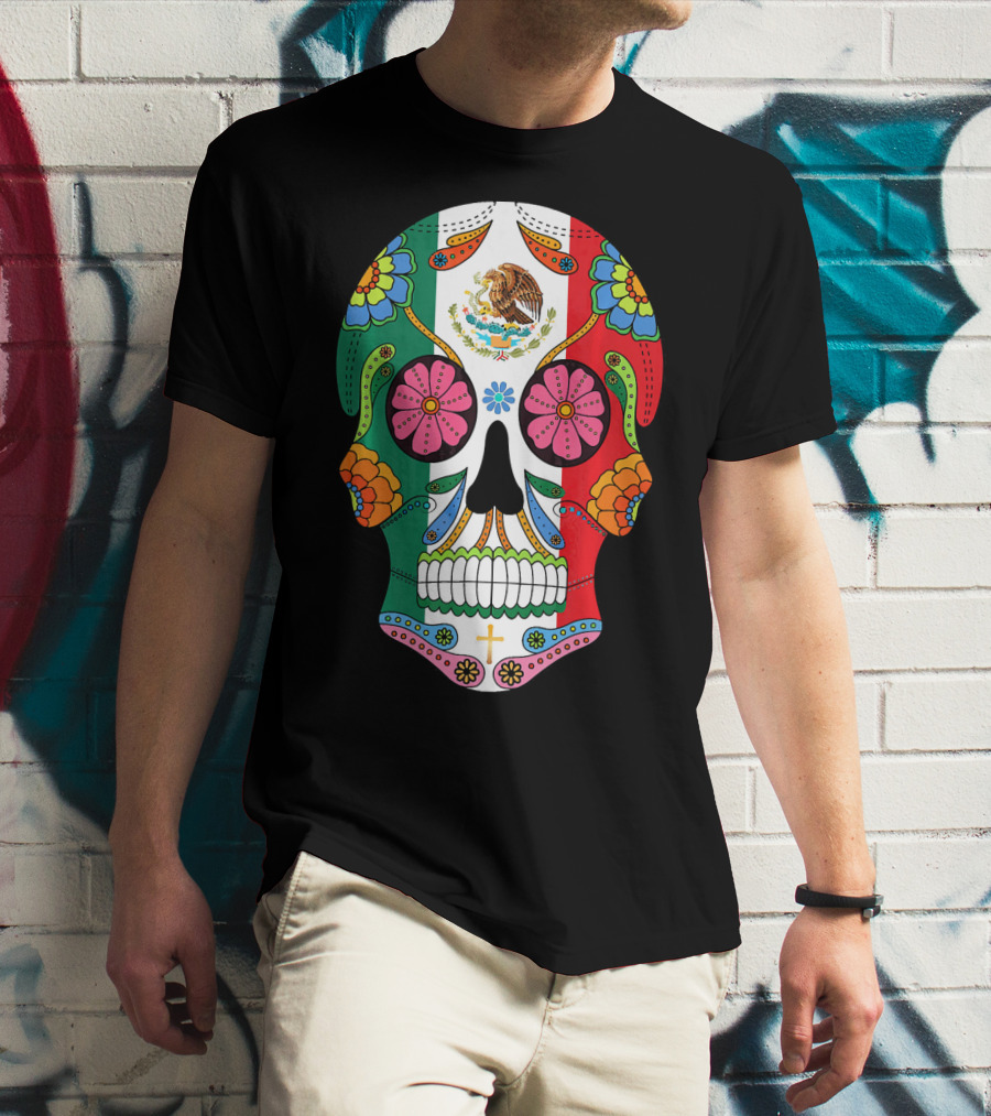 Mexican Flag Sugar Skull Eagle Floral Motif T-Shirt