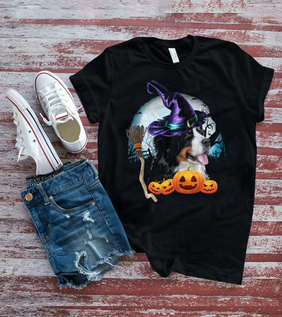 Bernese Mountain Dog In Witch Hat With Pumpkins And Broomstick Halloween Scene T-Shirt