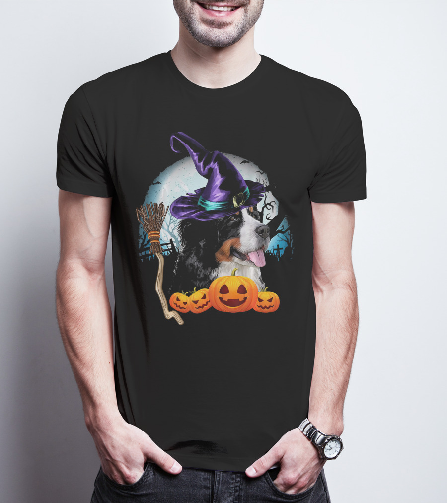 Bernese Mountain Dog In Witch Hat With Pumpkins And Broomstick Halloween Scene T-Shirt