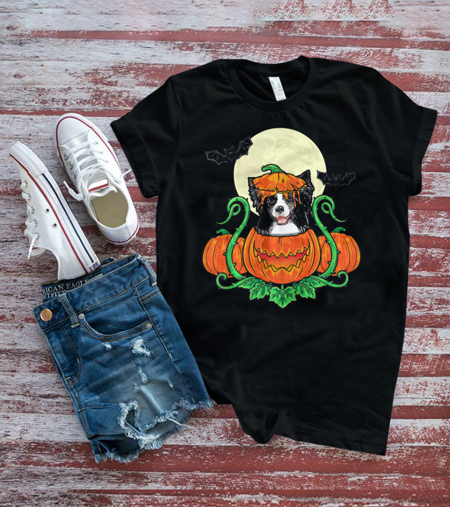 Border Collie Halloween Pumpkin Full Moon With Bats T-Shirt